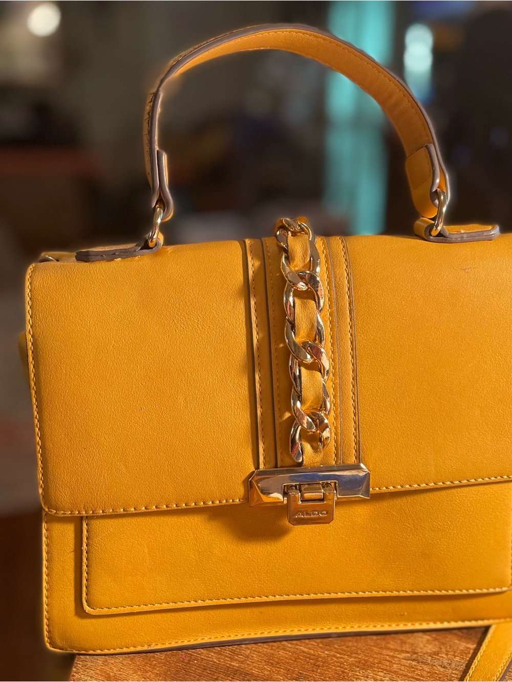 Aldo Mustard Yellow Structured Top-Handle Satchel/Crossbody bag with Gold Chain